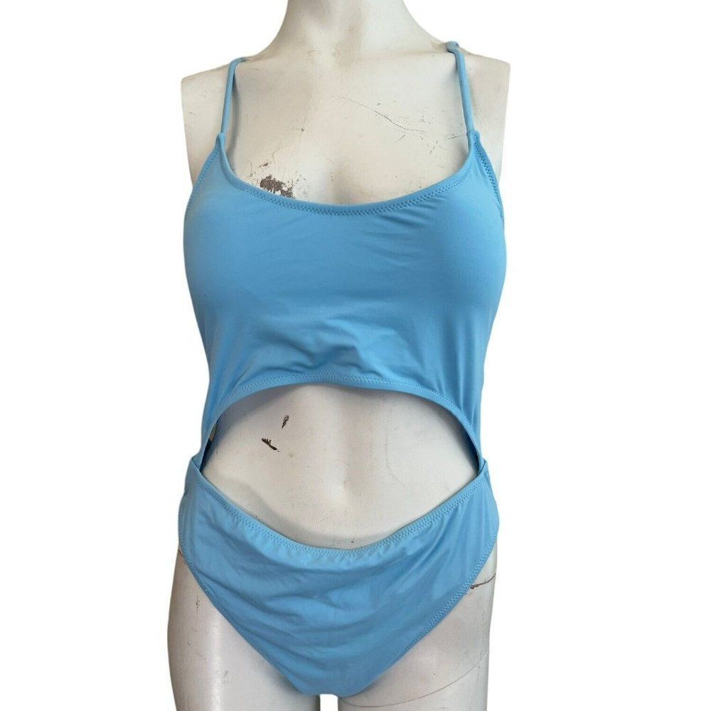 Meyeeka XL Scoop Neck Cut Out One Piece Swimsuit Light Blue Adjustable Straps NW